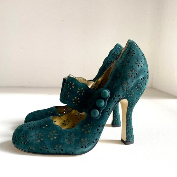 Brand NEW Hale Bob Emerald Green Leather Laser Cut MAry JAne High Heels 9.5M - Picture 4 of 7
